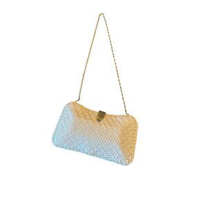 Vintage Woven Ivory White Shoulder Bag With Chain Strap & Clasp Closure Resort
